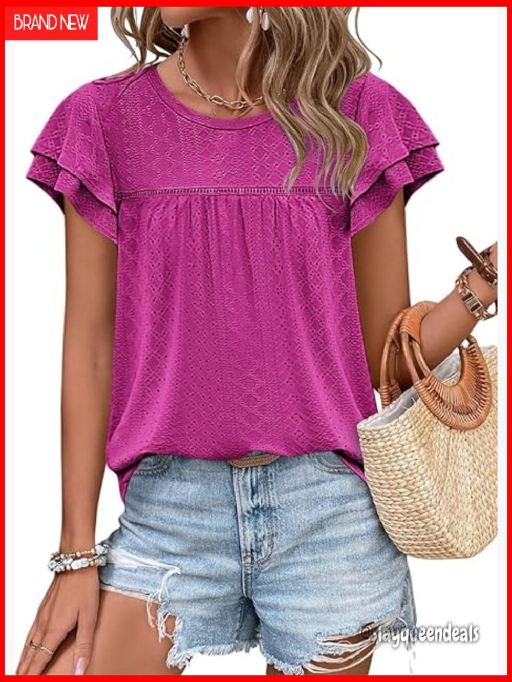Summer Eyelet Ruffle Sleeve Blouse Loose Fit Babydoll Tunic S-2XL